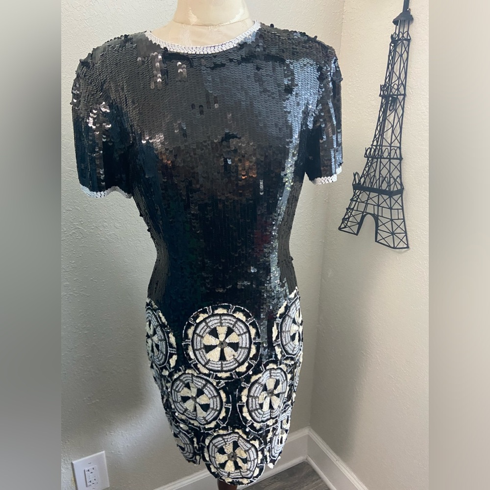 Rare AJ Bari Vintage Silk Sequins Beaded Scalloped Hem Cocktail Party Dress Sz 6